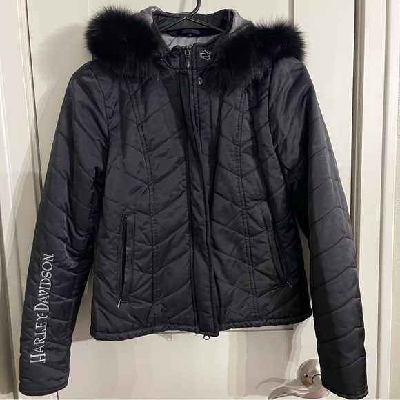 Harley Davidson Quilted Black Jacket Puffer Faux Fur Hood Womens Small - Picture 1 of 10